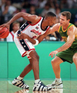 Scottie Pippen of the US (L) keeps the ball away f