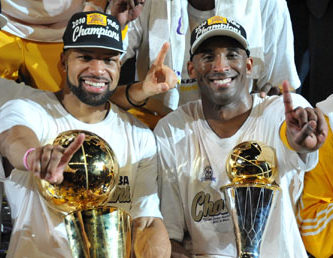 Josh Powell celebrates winning an NBA title with Kobe Bryant