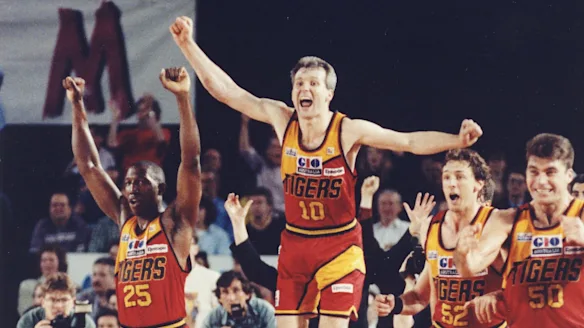 Melbourne Tigers players celebrating the 1993 NBL championship