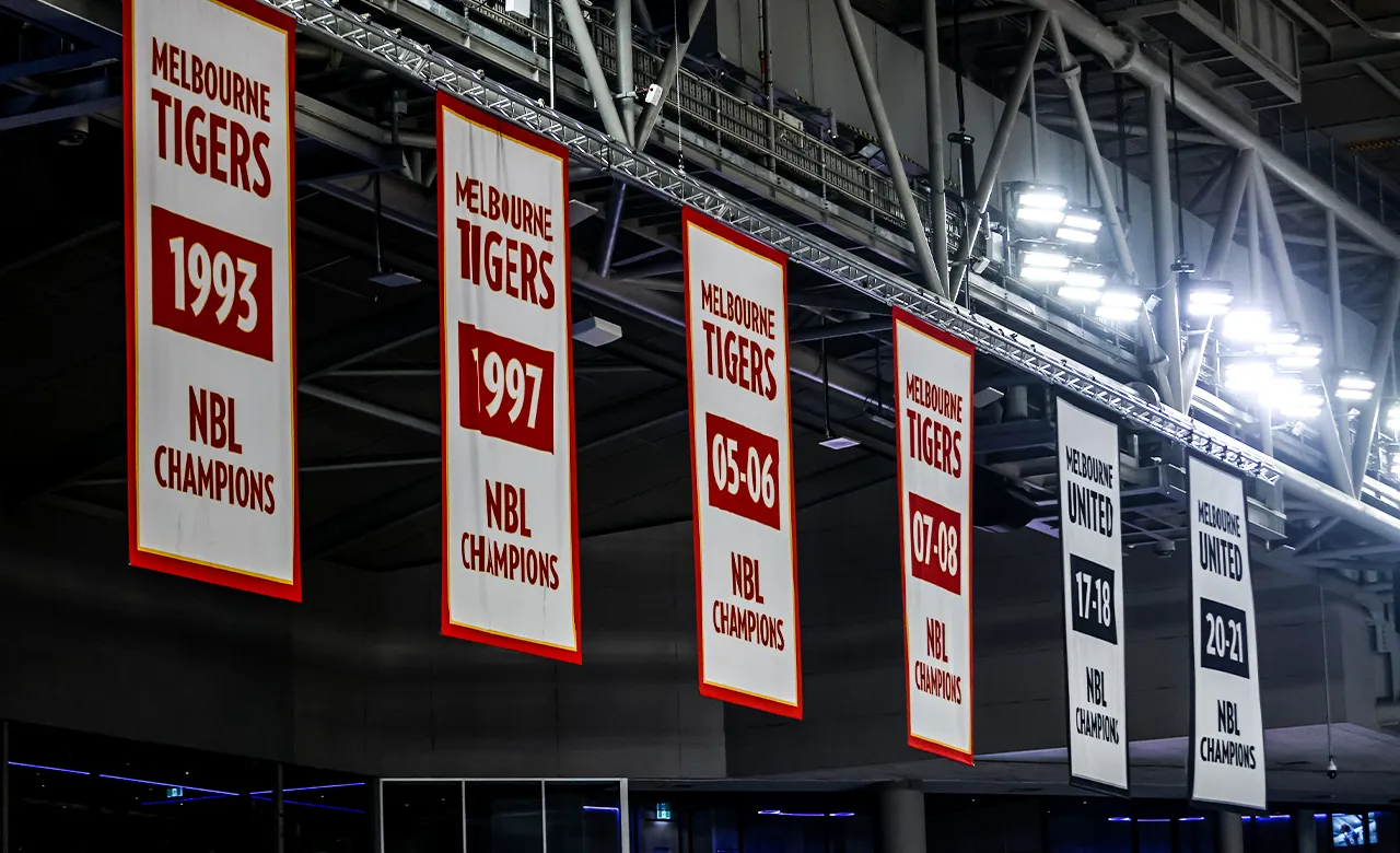 Melbourne Tigers and Melbourne United banners hanging at John Cain Arena