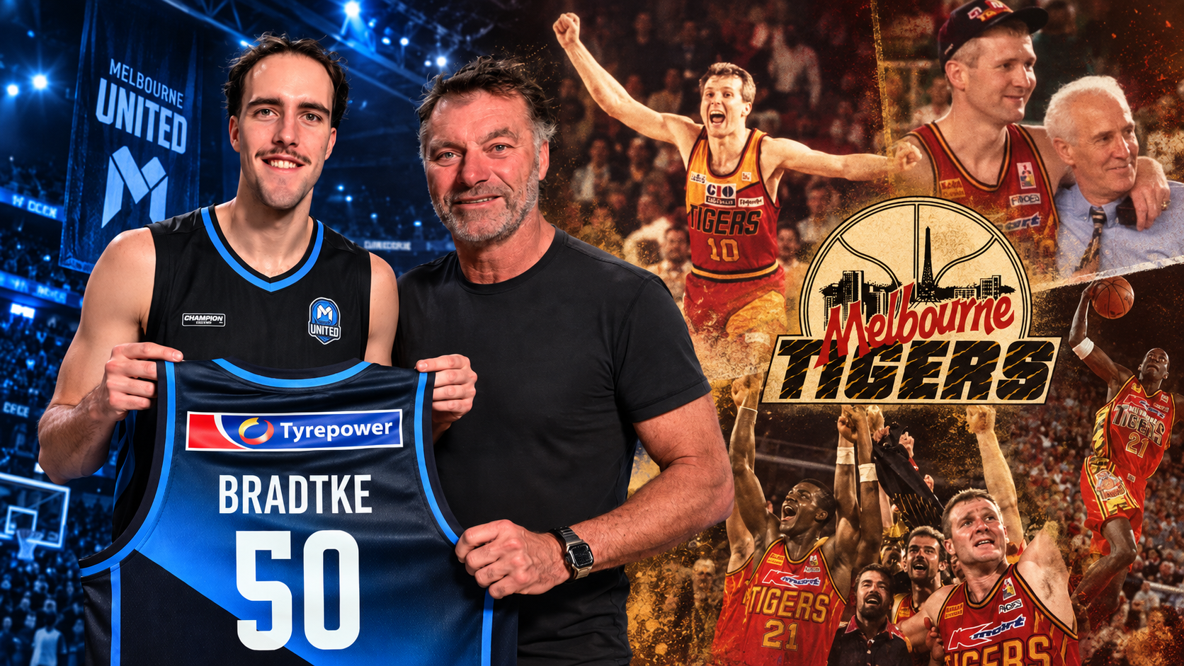 Jensen and Mark Bradtke with Melbourne Tigers history montage